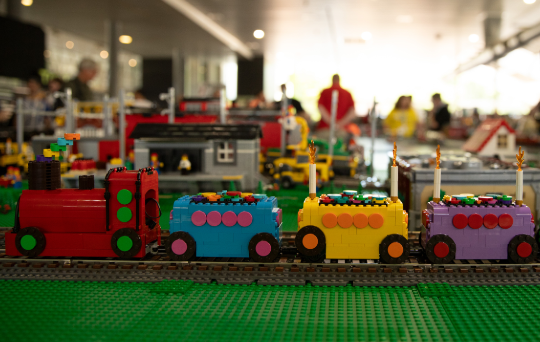 A LEGO recreation of the classic Woman's Weekly Children's Birthday Cake train.